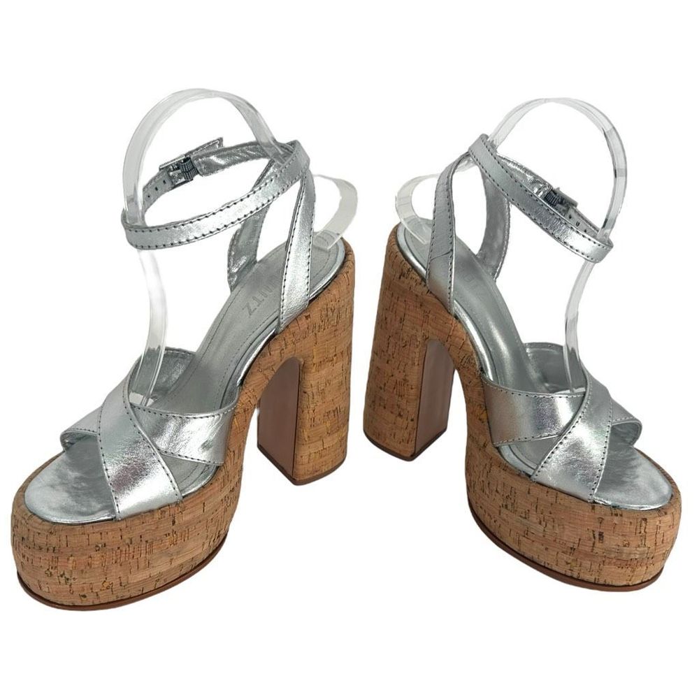 Schutz Pattie Metallic Leather Sandal Platform Silver Size 8 Ankle Strap Women’s - Picture 2 of 12